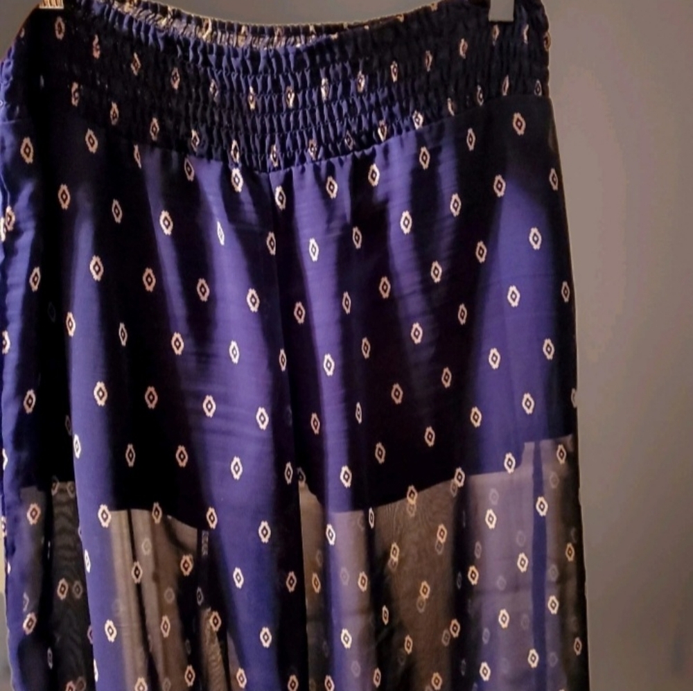 Soulmates Dark Blue & White Sheer Wide Leg Pants With Built In Shorts Sz Large - Picture 2 of 5